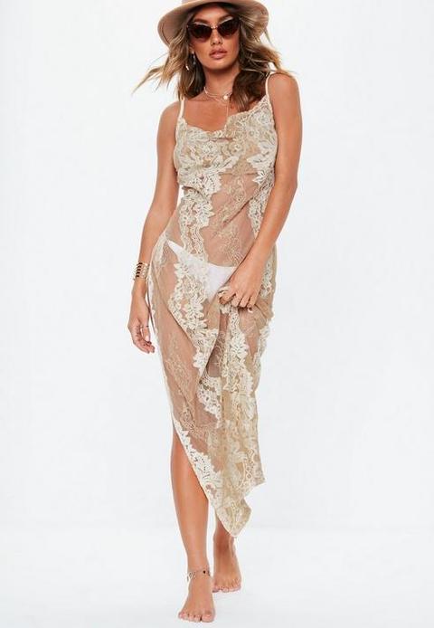 Premium Nude Lace Cowl Neck Maxi Beach Dress, Nude