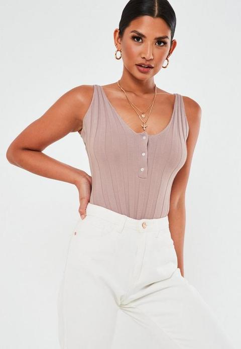 Mauve Rib Knit Mock Pearl Button Bodysuit, Mauve