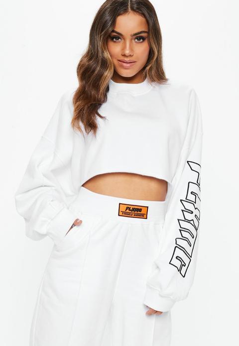 Fanny Lyckman X Missguided White Embroidered Cropped Loose Sweatshirt, White