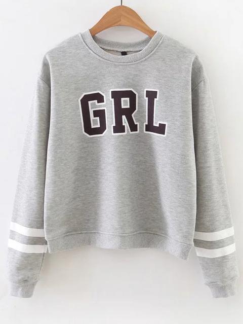 Grey Letter Print Striped Sleeve Sweatshirt