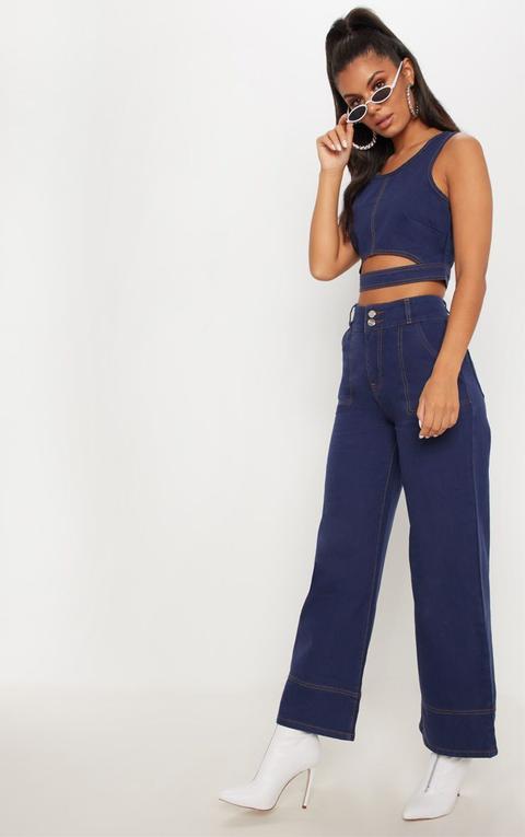 Maya Jama Indigo High Waisted Denim Crop Flares, Indigo