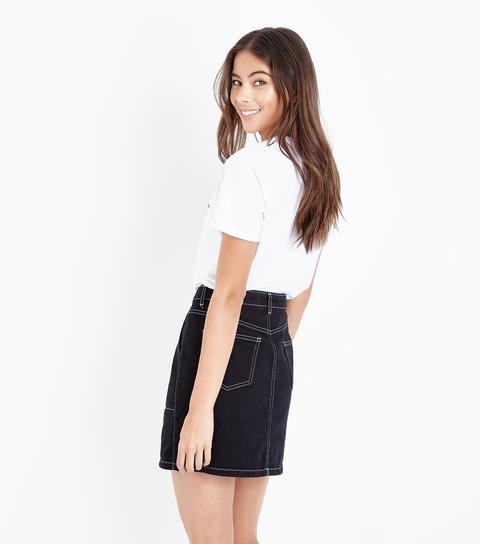 Black Contrast Stitch Denim Skirt New Look