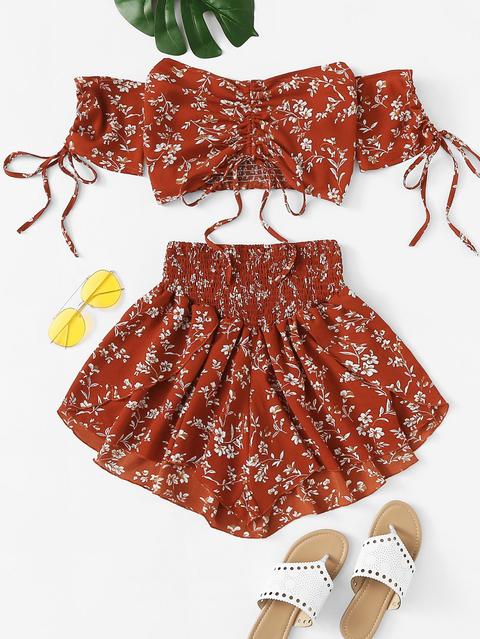 Off Shoulder Floral Top With Shorts