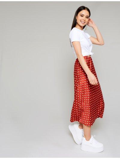 Rust Polka Dot Bias Cut Satin Midi Skirt