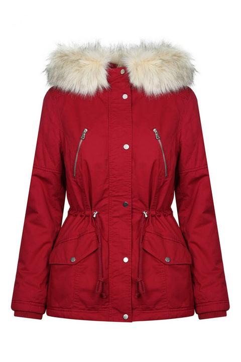 Parka Rosso Con Cappuccio In Finta Pelliccia
