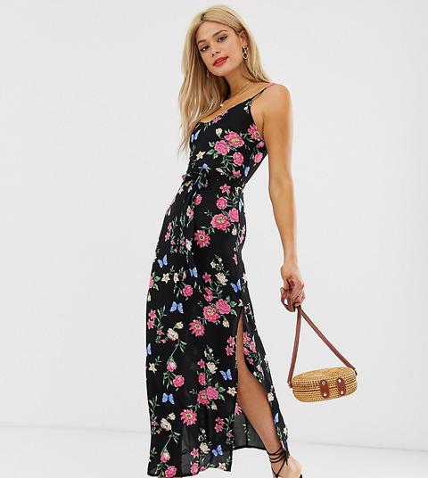 Parisian Tall - Vestito Lungo Nero A Fiori Con Spalline Sottili - Nero