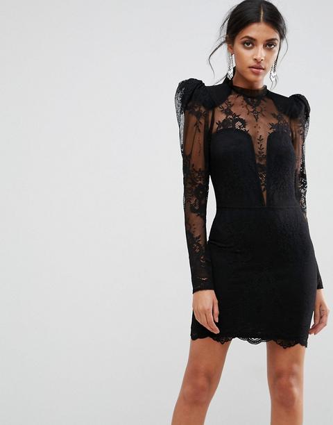 Asos - Vestitino In Pizzo Con Spalle Scoperte E Maniche A Palloncino - Nero