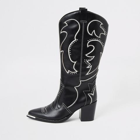 Black High Leg Heel Cowboy Boots