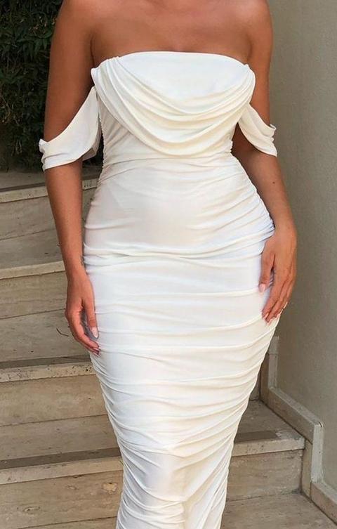 ruched white midi dress
