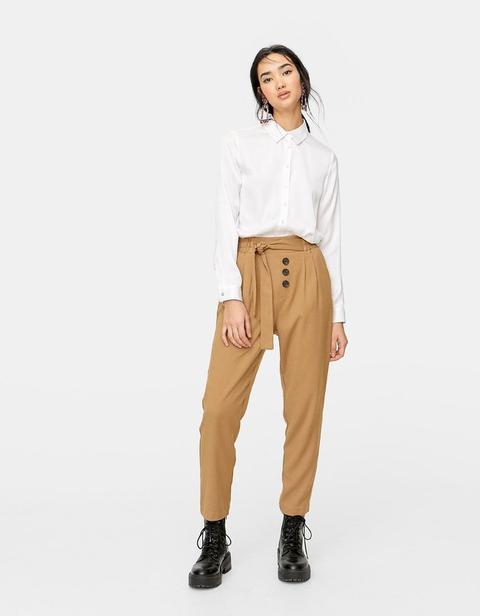 Pantaloni Baggy Con Bottoni In Twill Beige Melangiato