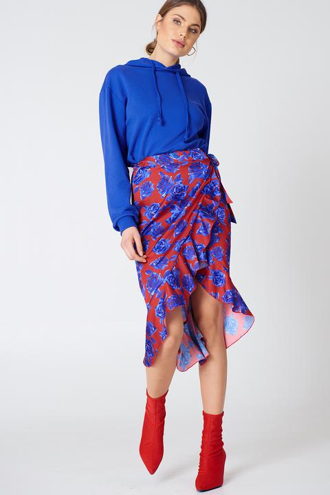Na-kd Wrap Over Satin Frill Skirt - Red,multicolor