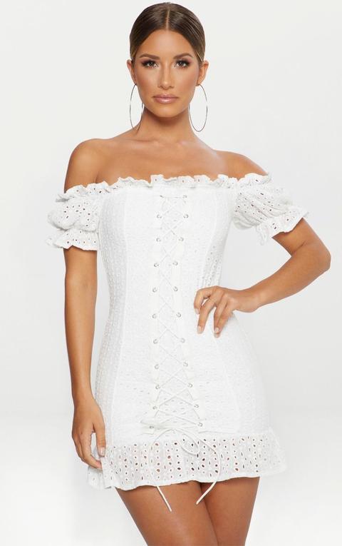 White Bardot Lace Up Broderie Anglaise Bodycon Dress