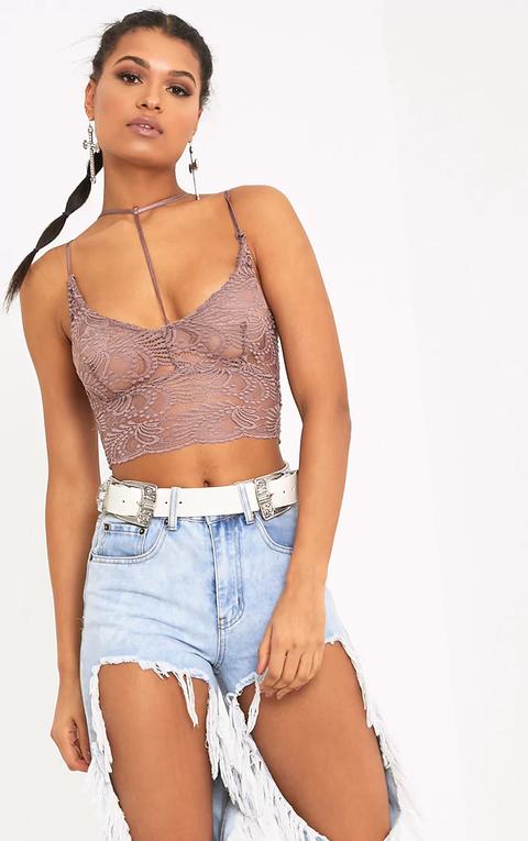 Indya Truffle Sheer Lace Choker Strap Crop Top, Truffle