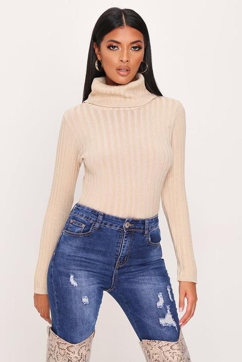 Camel Roll Neck Rib Knit Cropped Jumper