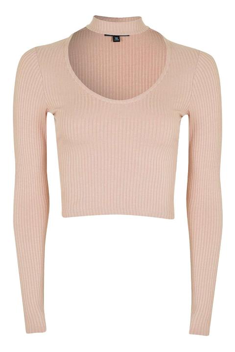 Womens Long Sleeve Choker Top - Blush, Blush