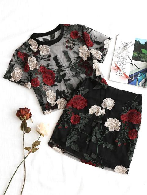 Camicetta E Gonna In Maglia Con Ricamo Floreale Black