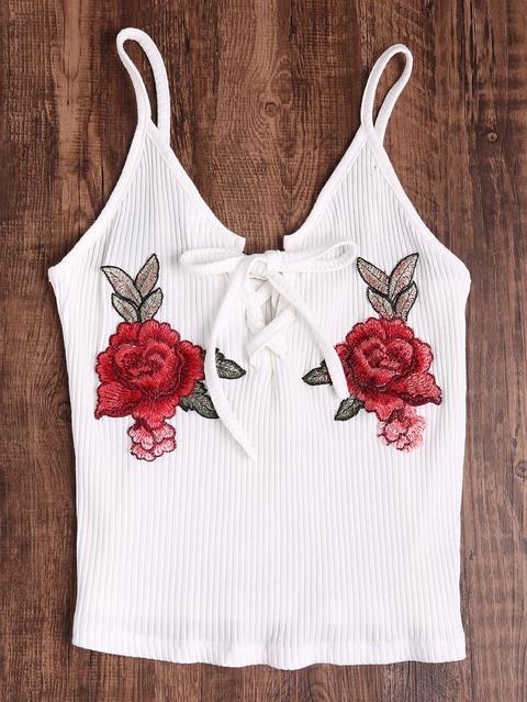 Rose Embroidered Patch Lace Up Ribbed Cami Top