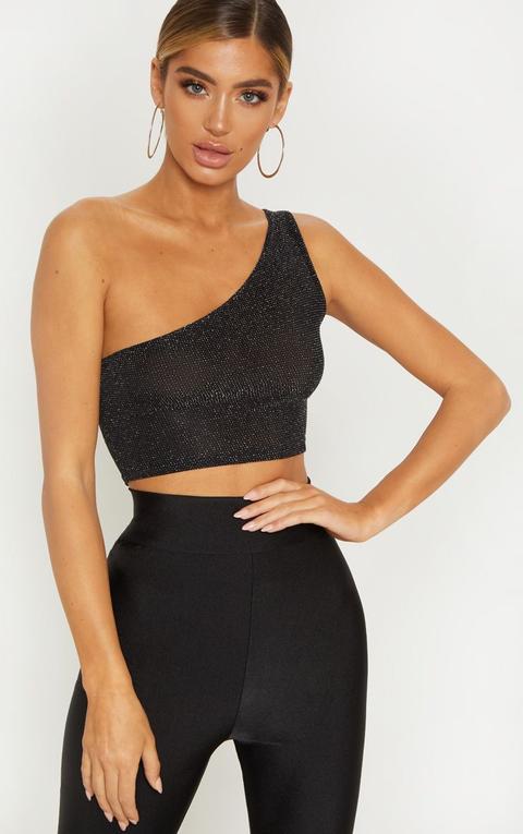 Black Glitter One Shoulder Crop Top, Black