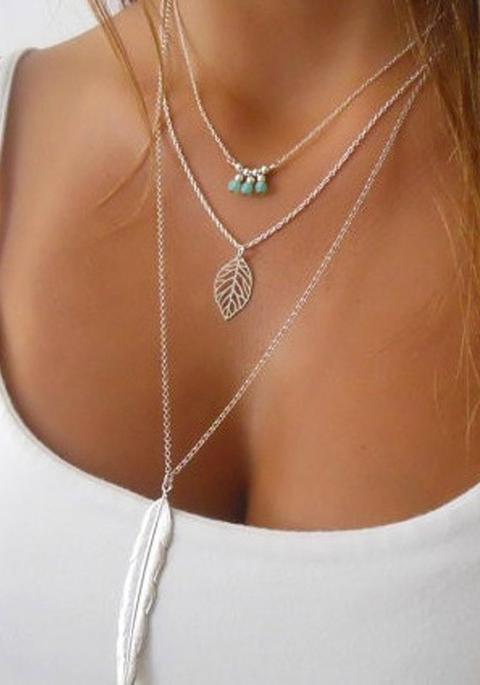 Collana Del Pendente Lega Di Modo A Più Strati Lascia Piume Di Perline Argento