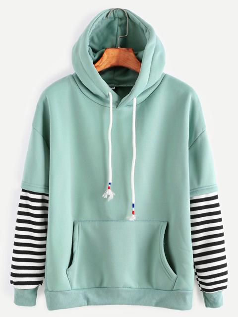 Sleeve Striped Drawstring Hooded Sweatshirt With Pocket