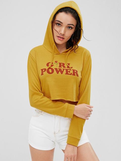 Felpa Con Cappuccio Corta Con Grafica Di Lettere Girl Power Bee Yellow