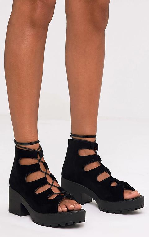 Caprice Black Faux Suede Lace Up Sandals