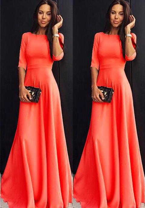 Orange Plain Round Neck 3/4 Sleeve Maxi Dress