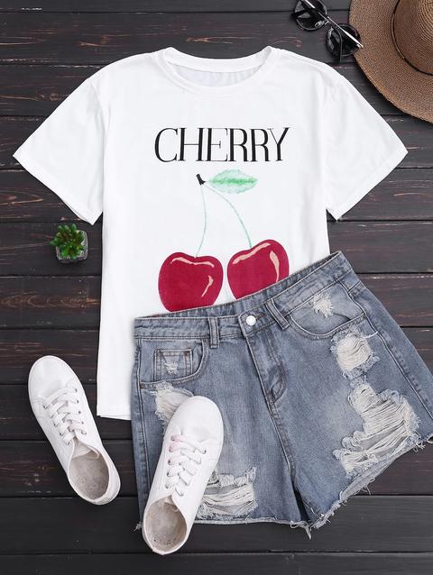 T-shirt Manica Corta Da Stampa Di Ciliegio