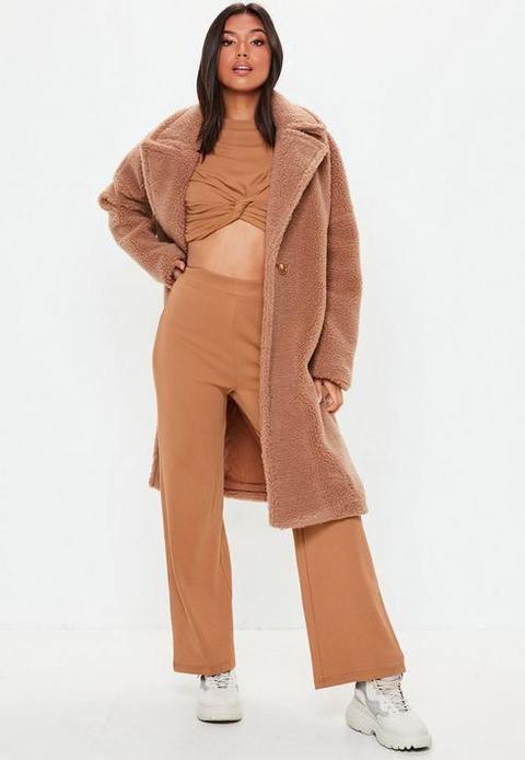 Camel Wide Leg Ribbed Trousers, Camel 