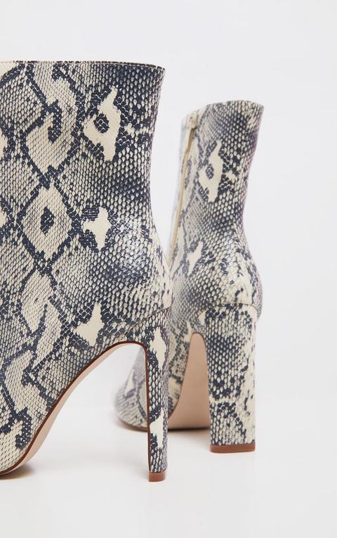 Beige Snake Print Heeled Ankle Boot 