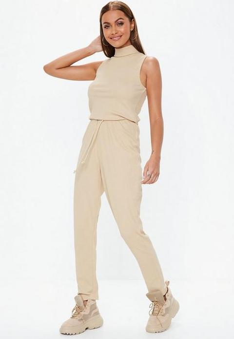 Sand Rib Sleeveless Roll Neck Jumpsuit, Sand