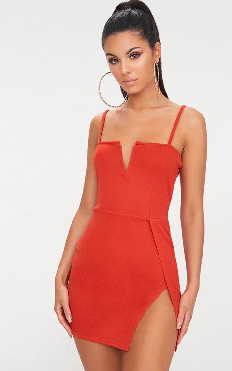 Rust Extreme Thigh Split Panelled Plunge Bodycon Dress, Orange