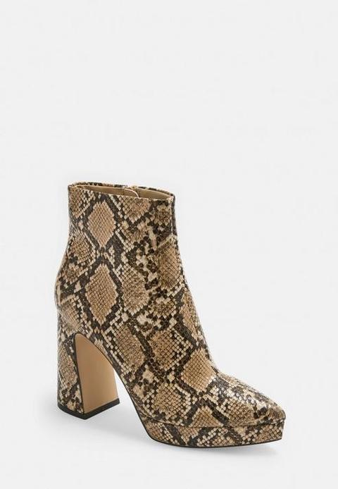 Brown Faux Snake Pointed Toe Patent Ankle Boots, Beige
