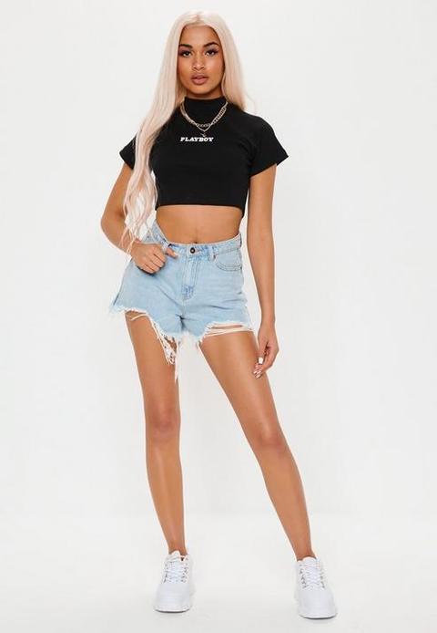 Playboy X Missguided Black High Neck Ribbed Embroidered Crop Top, Black