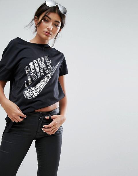 Camiseta De Manga Corta En Negro Con Logo Metalizado Grande Signal De Nike