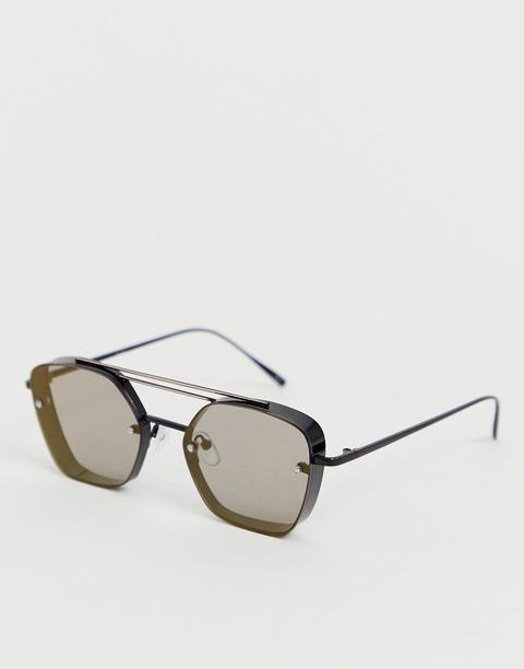 Asos Design Navigator Sunglasses With Full Capping In Shiny Black With Green Lenses