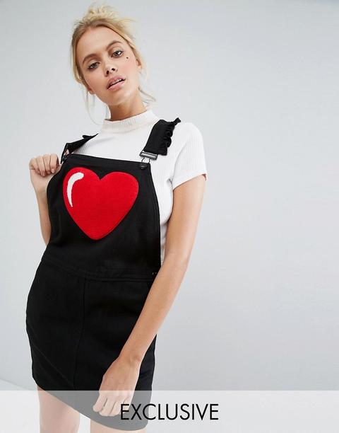 Esclusiva Lazy Oaf - Vestito Scamiciato In Denim Nero Con Cuore - Nero