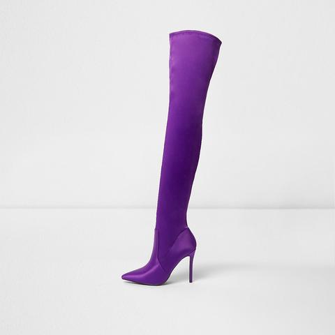 Purple Satin Over The Knee Boots