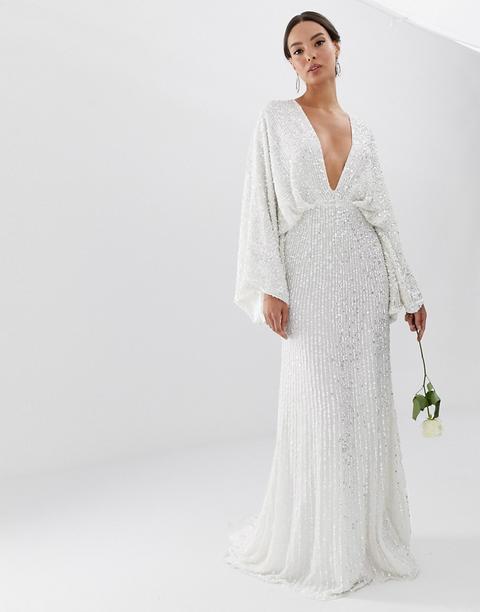 Vestido De Boda Con Manga Estilo Kimono Y Lentejuelas Ciara De Asos Edition-blanco