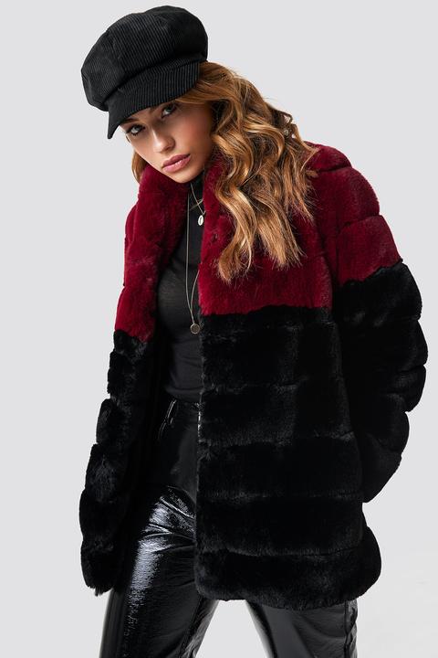 Long Puff Faux Fur Jacket Black/burgundy