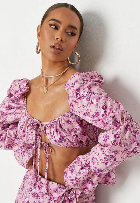 Pink Co Ord Floral Print Tie Front Milkmaid Bralet, Pink