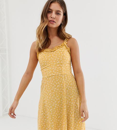 Vestido Veraniego Amarillo Con Estampado De Florecitas Y Volante En El Borde De New Look