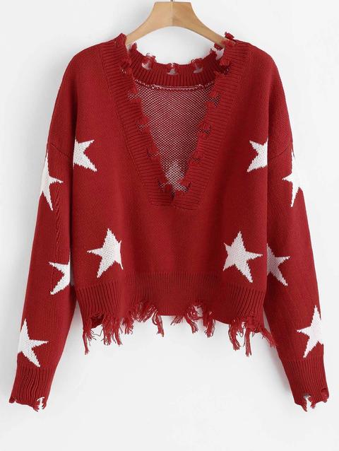 Zaful Cropped Frayed Stars Sweater