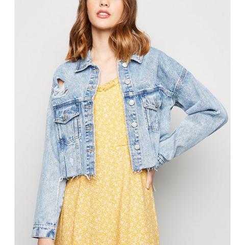 Veste En Jean Bleu Délavée À L’acide Et À Ourlet Effiloché