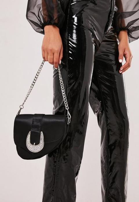 Black Diamante Buckle Saddle Bag, Black