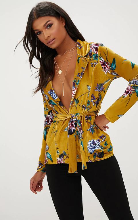 Mustard Floral Velvet Belted Blazer, Yellow