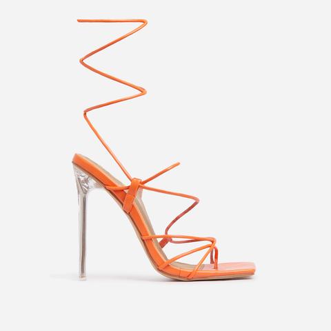 Sunbathe Square Toe Lace Up Clear Perspex Heel In Orange Faux Leather, Orange