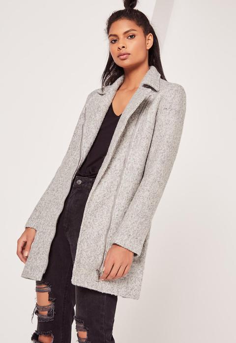 Grey Petite Faux Wool Biker Coat