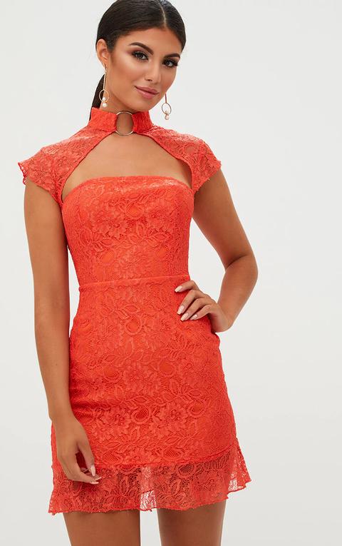 Orange Lace Ring Detail Frill Hem Bodycon Dress, Orange