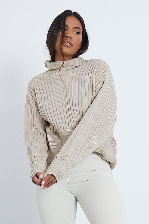 Stone Balloon Sleeve Rib Knit Jumper , Beige